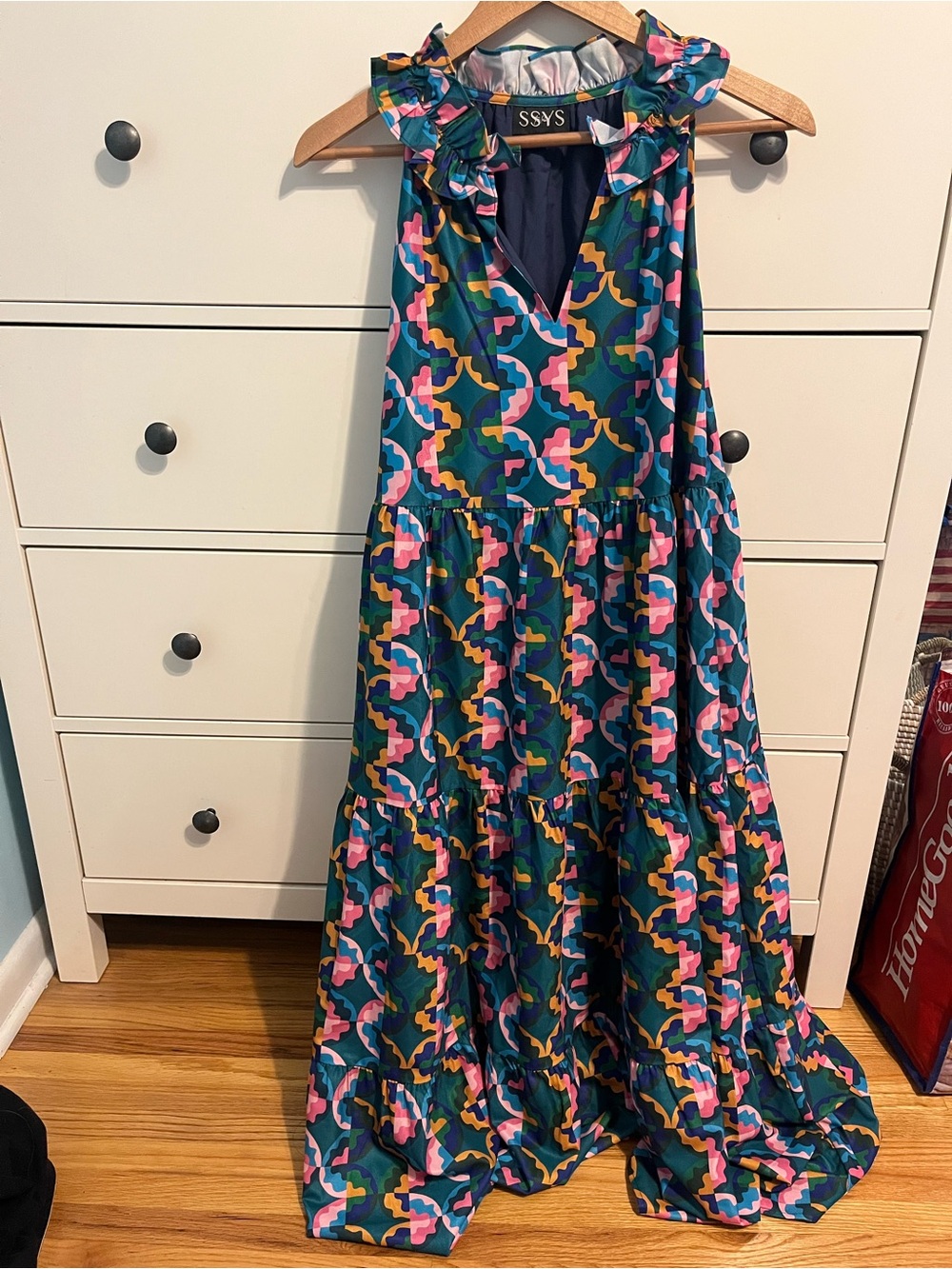 SSYS Ruffled Halter Maxi Dress in Teal Multicolor Print